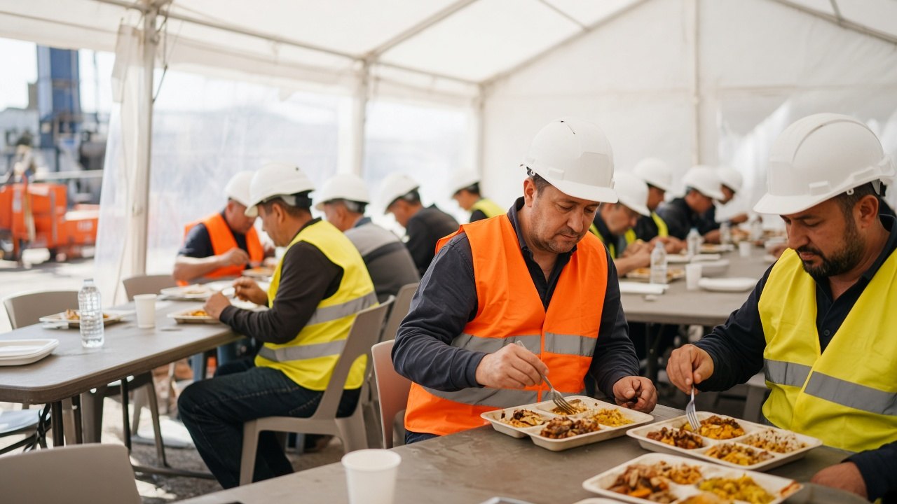 Construction crew in hi-vis vests and hard hats eating hot meals in a break tent