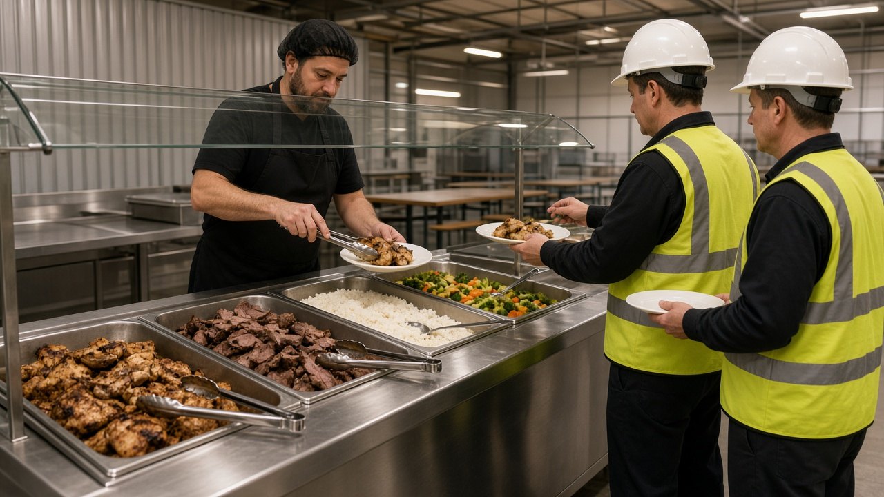 Hot buffet line serving workers in hard hats and hi-vis vests