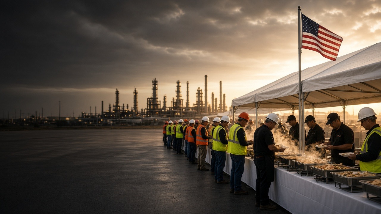 Long tent serving line with chafing dishes feeding a hard-hat crew near an industrial plant