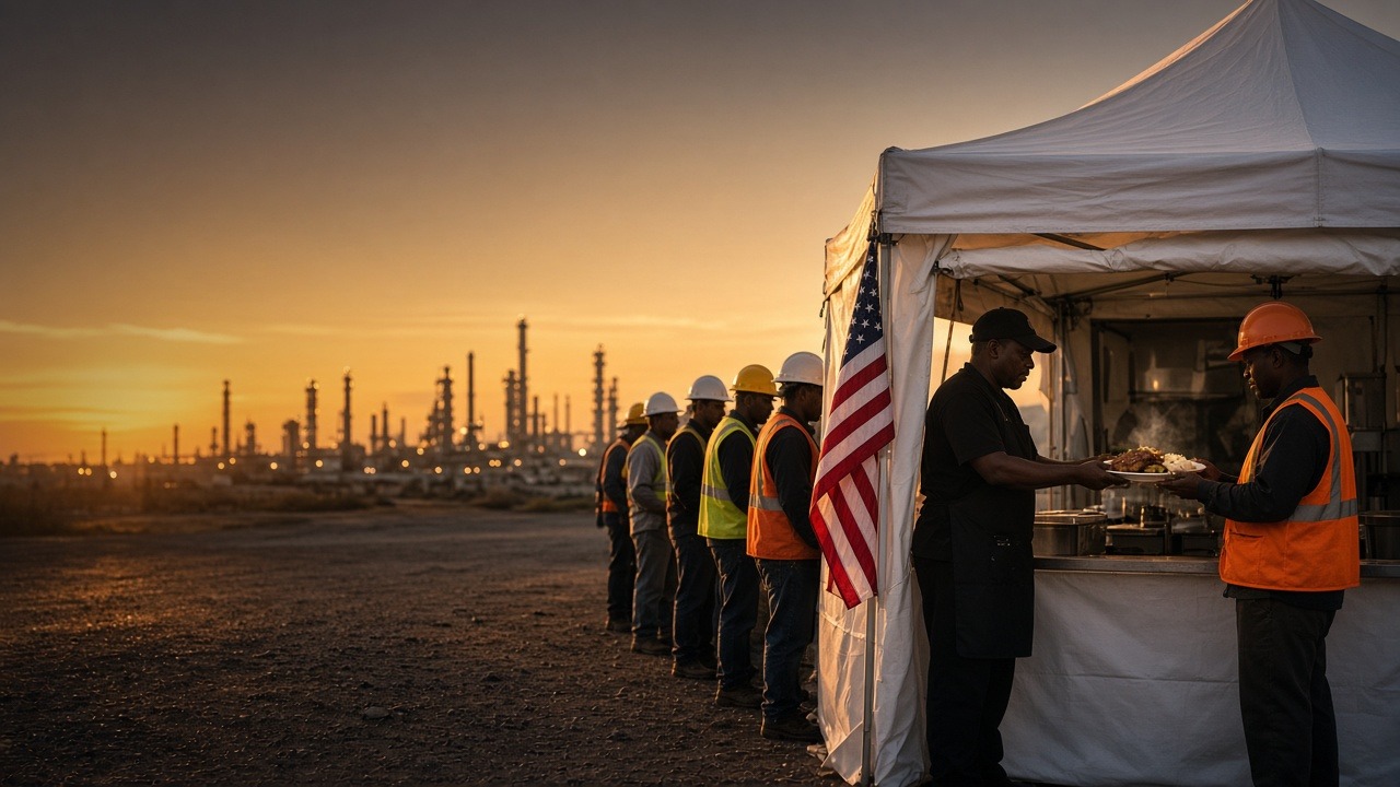 Crew in hard hats lined up at a white catering tent beside an American flag near a Gulf Coast plant