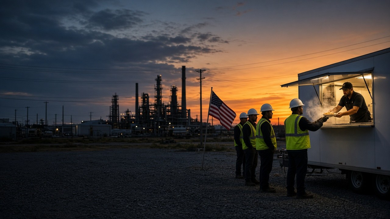 Cook handing a hot plated meal from a mobile kitchen window to a hard-hat crew at golden hour