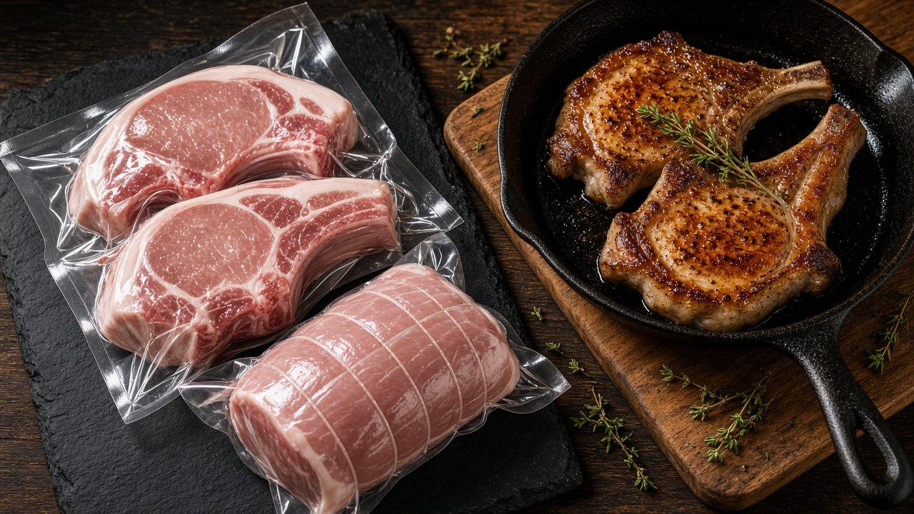 Vacuum-packed fresh pork chops and loin roast beside seared pork chops