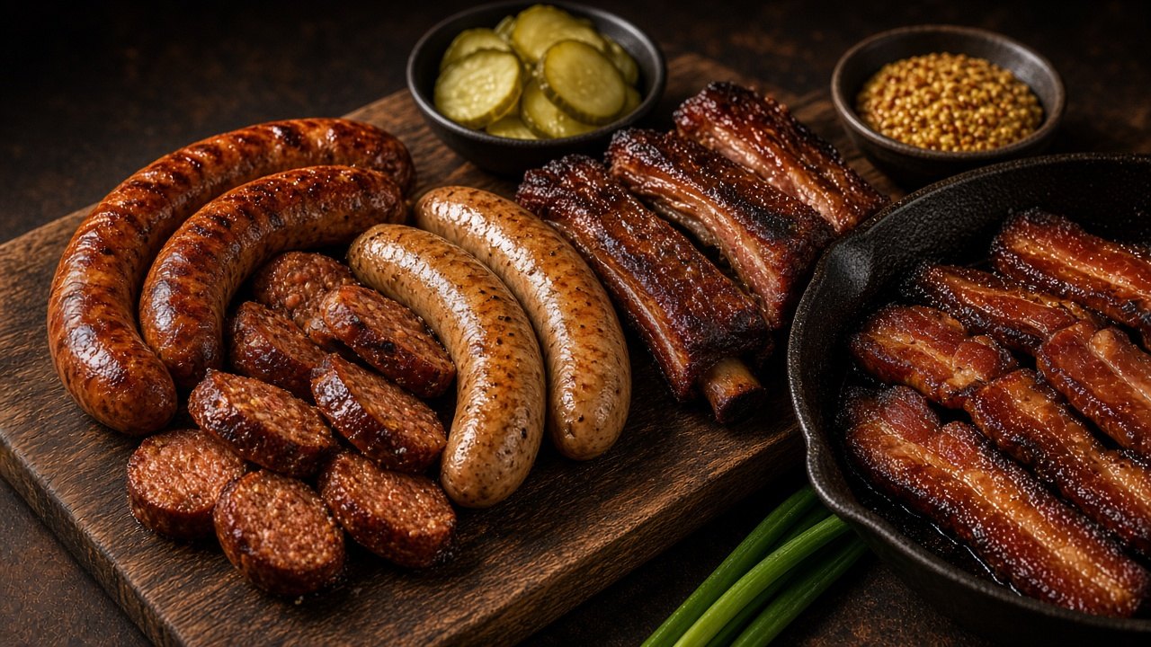 Smoked sausage, sliced andouille, boudin links, smoked ribs and bacon