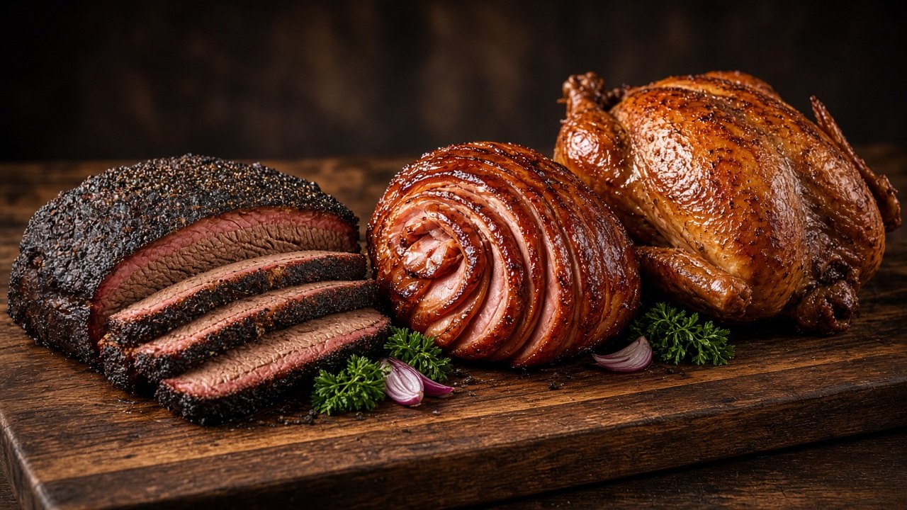 Sliced smoked brisket, glazed smoked ham and a whole smoked turkey on a wood board