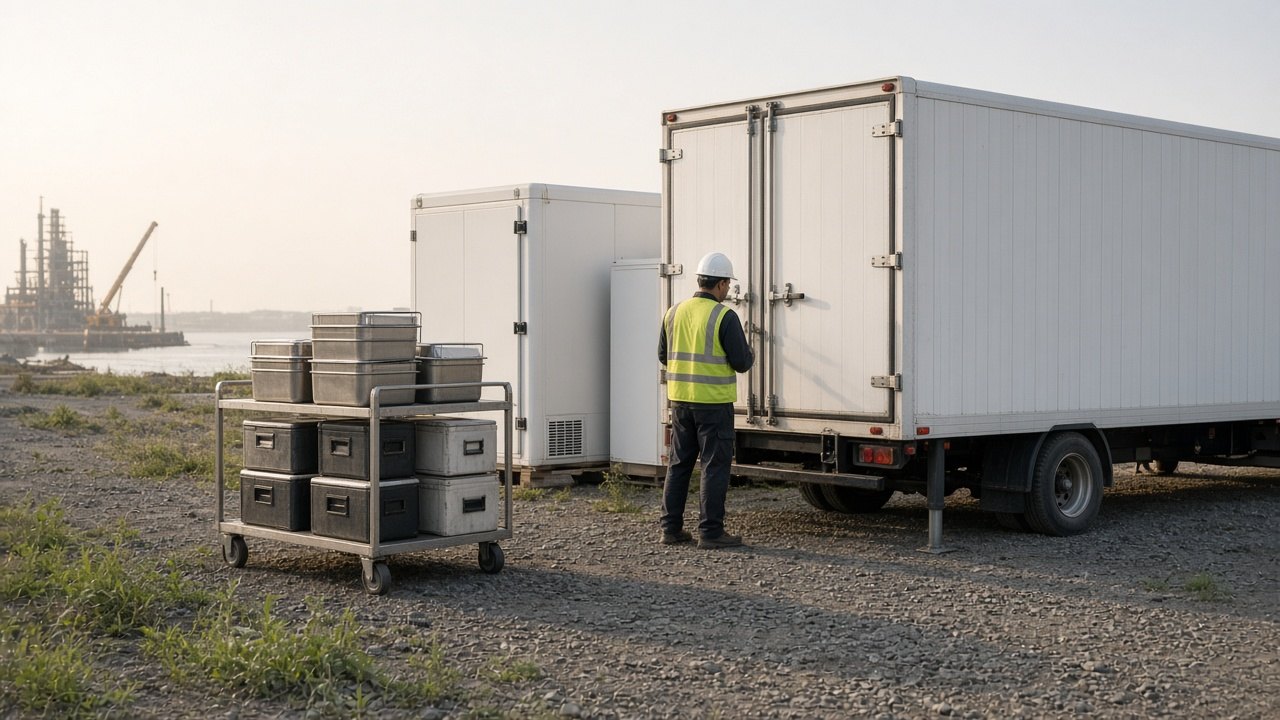 Coolers, refrigerated trailer and food carriers staged on a job site