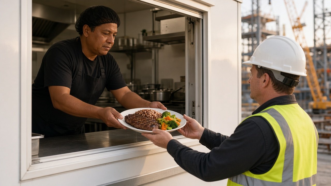 Hot plated meal served from a mobile kitchen trailer to a hard-hat worker